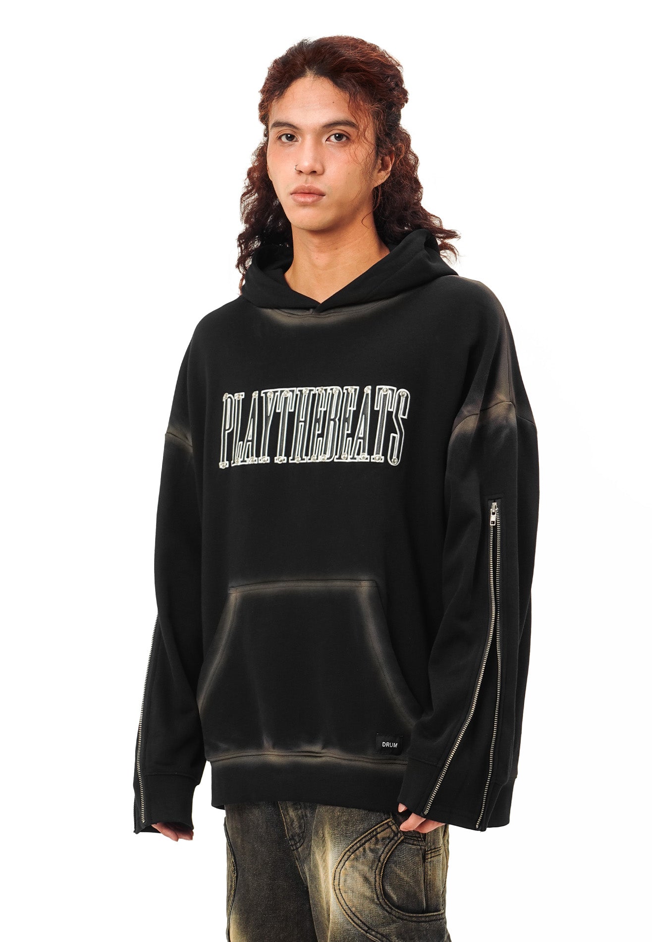 DRUM SELECT Studded Embroidery PU Long Sleeve Zip Hoodie- Black
